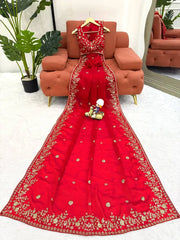 Red Jacquard Weaving Saree and blouse flat display – Kalyanja KS366