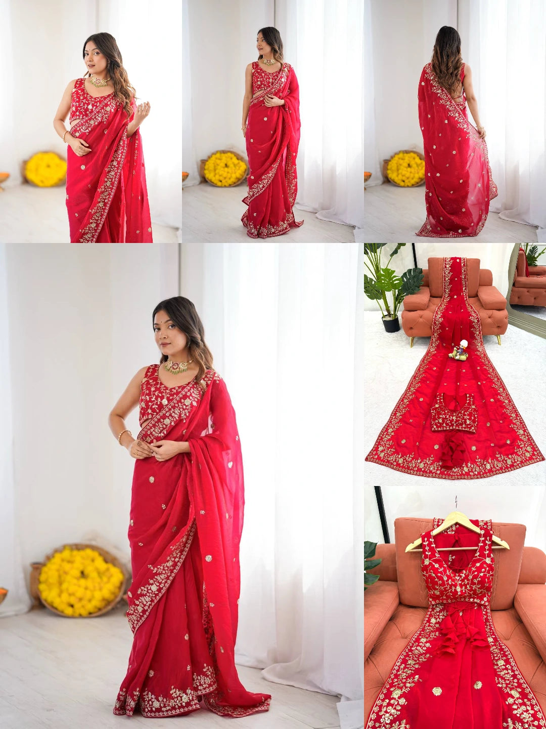 Red Jacquard Weaving Saree collage – Kalyanja KS366