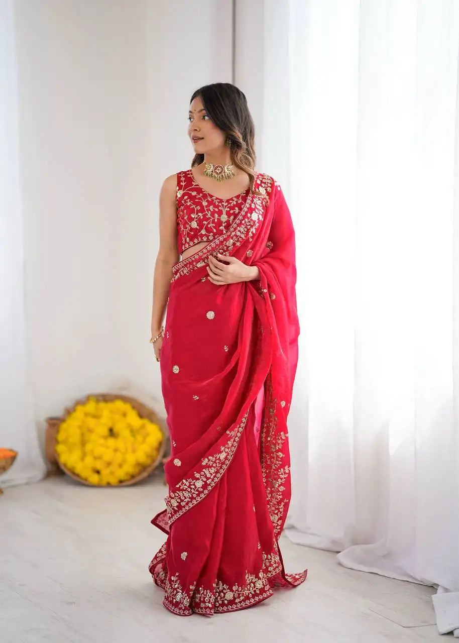Red Jacquard Weaving Saree front view with gold embroidered border – Kalyanja KS366