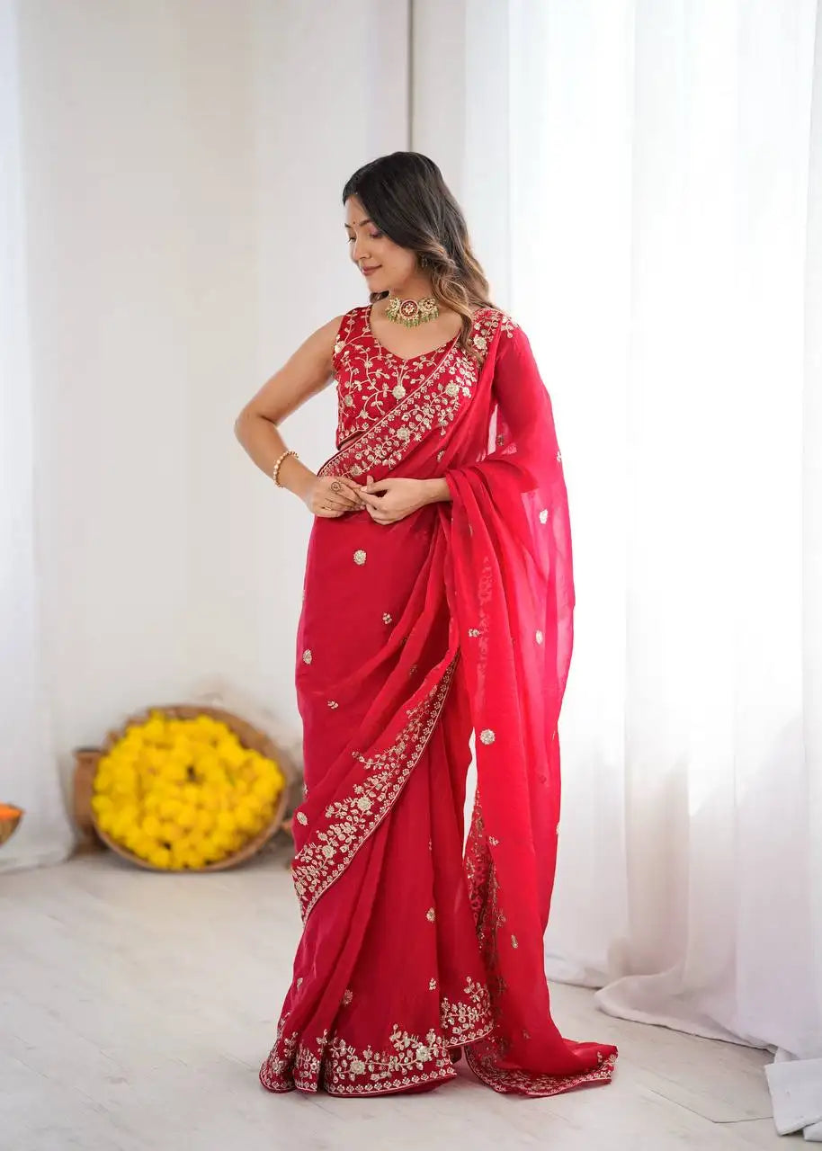 Red Jacquard Weaving Saree draped full length bridal look – Kalyanja KS366