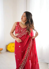 Red Jacquard Weaving Saree close-up with embroidered blouse – Kalyanja KS366