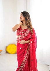 Red Jacquard Weaving Saree model portrait with gold sequins embroidery – Kalyanja KS366