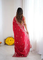 Red Jacquard Weaving Saree back view showing embroidered pallu – Kalyanja KS366