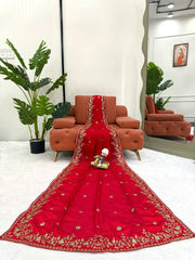 Red Jacquard Weaving Saree flat lay showing full embroidery – Kalyanja KS366