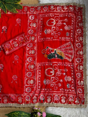 Red Moti Mirror Work Saree with Blouse Piece Karva Chauth KS401