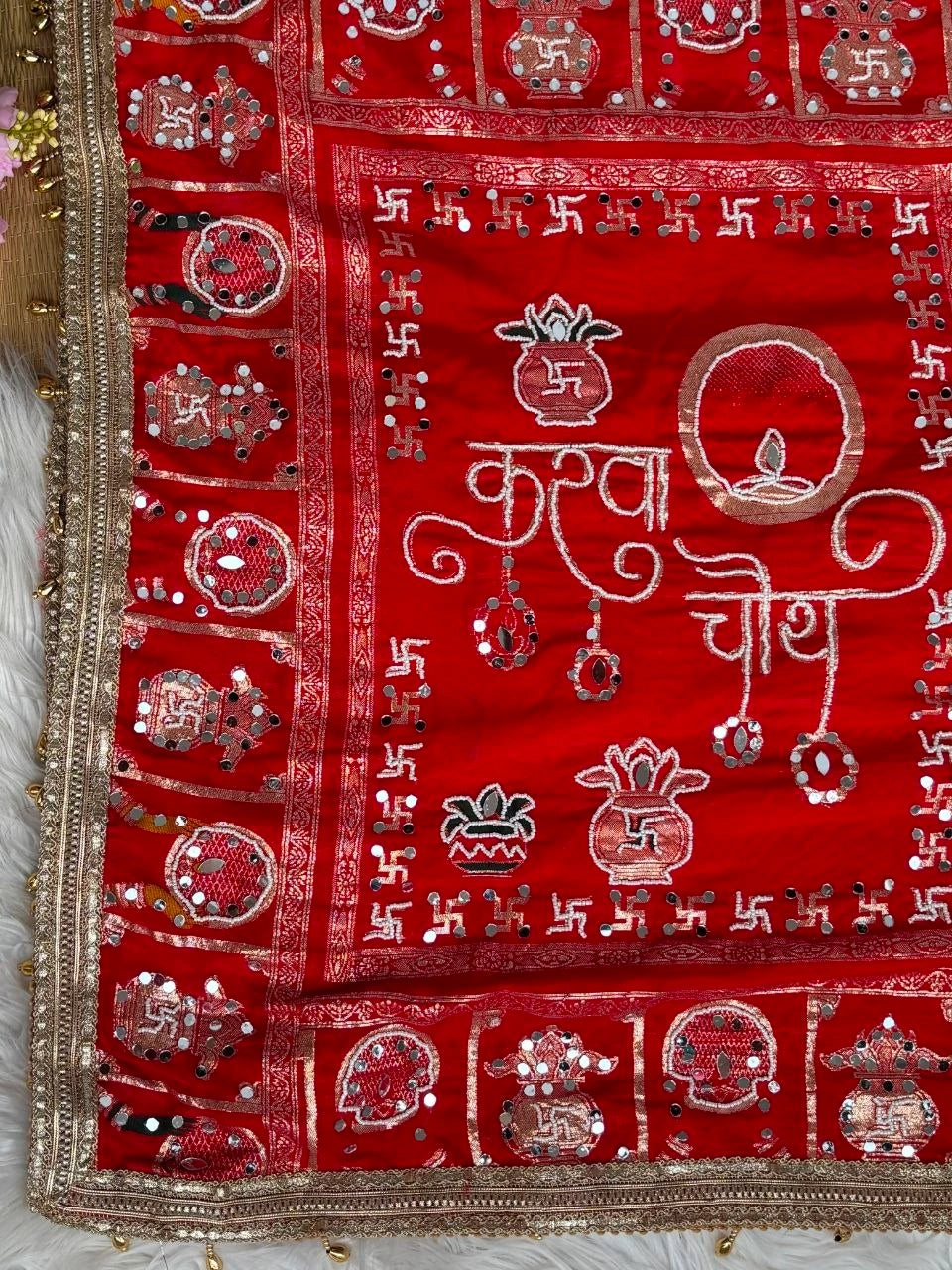 Red Karva Chauth Saree – Moti Mirror Embroidery Close View KS401