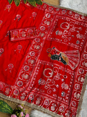 Red Soft Dola Silk Moti Mirror Work Saree Kalyanja KS401