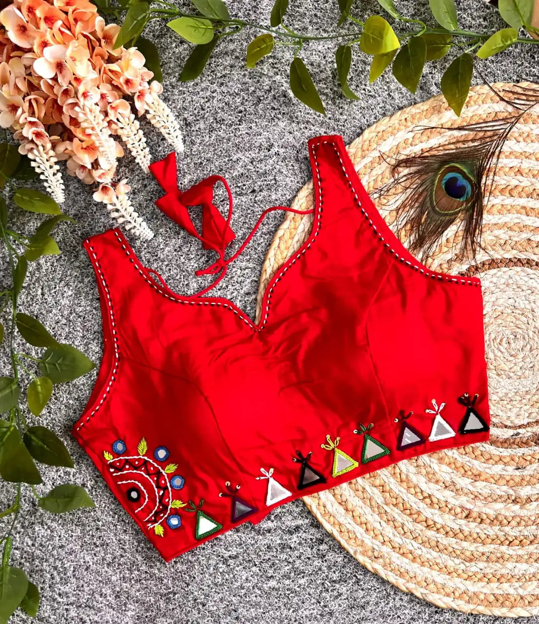 Red Cotton Blend Multi Thread Mirror Work Blouse – Flat Lay