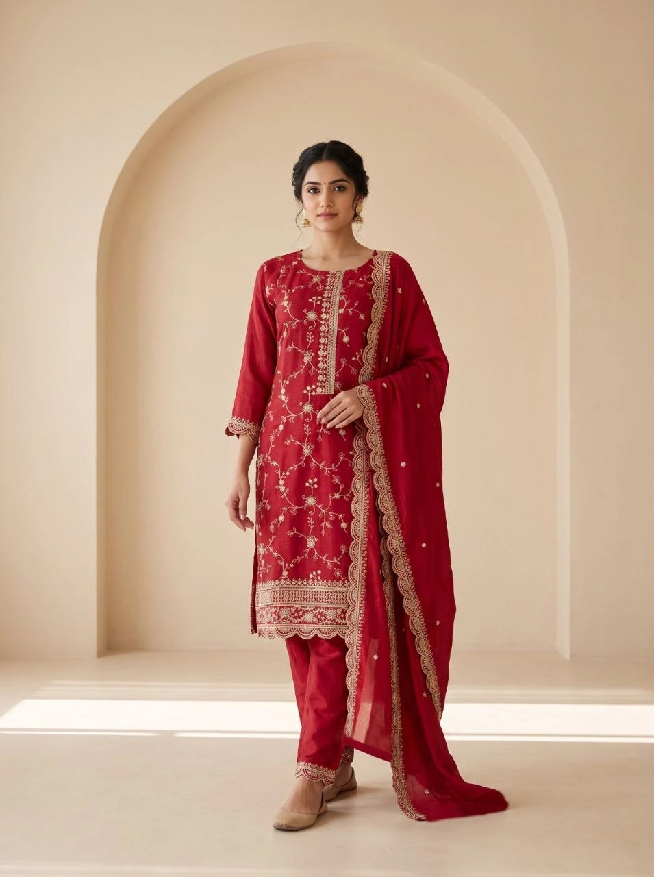 Red Sequins Embroidered Kurti Blooming Chinon KK111 - Front Full Length
