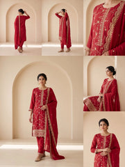 Red Sequins Embroidered Kurti Blooming Chinon KK111 - All Views