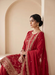 Red Sequins Embroidered Kurti Blooming Chinon KK111 - Seated Pose
