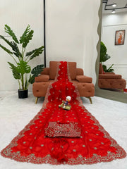 Red Sequins Embroidered Saree Full Flat Lay with Blouse Piece | Kalyanja KS359