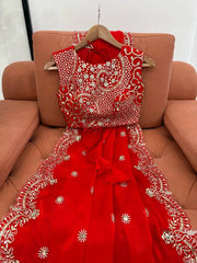 Red Sequins Embroidered Saree Blouse Close-Up on Sofa | Kalyanja KS359