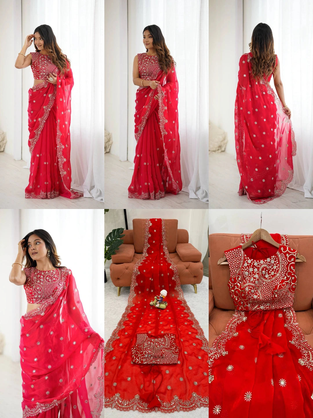 Red Sequins Embroidered Fendy Chiffon Saree Collage All Views | Kalyanja KS359