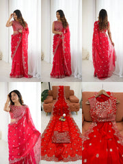 Red Sequins Embroidered Fendy Chiffon Saree Collage All Views | Kalyanja KS359
