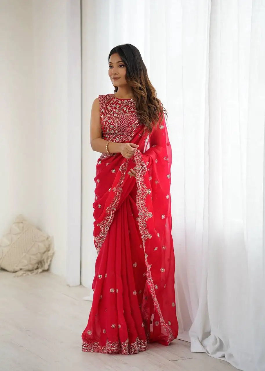 Red Sequins Embroidered Saree Full Front Thread Work | Kalyanja KS359