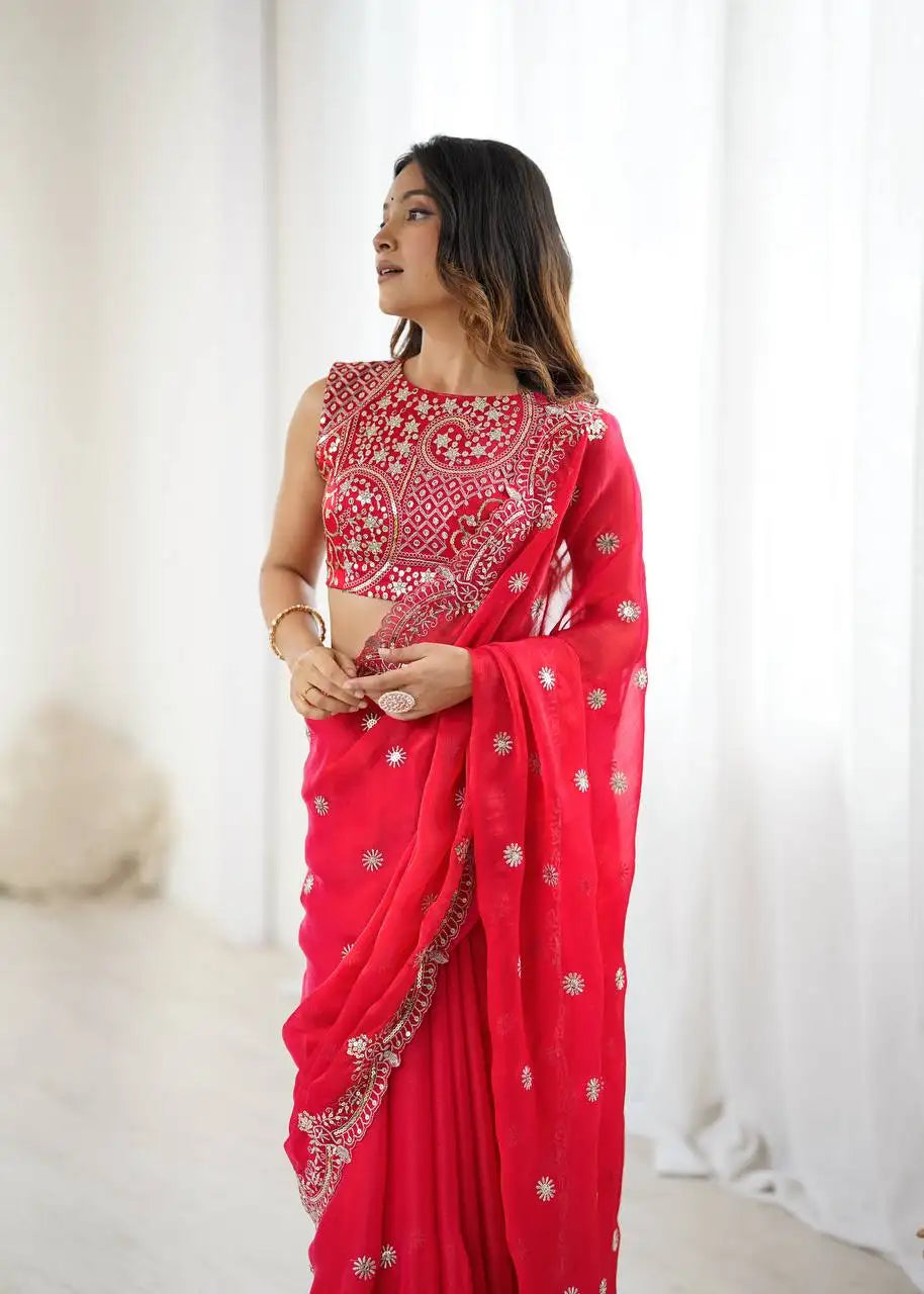 Red Fendy Chiffon Saree Three-Quarter Side View | Kalyanja KS359