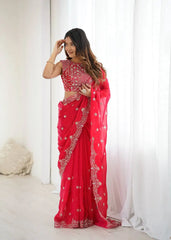 Red Sequins Embroidered Saree Three-Quarter Front View | Kalyanja KS359