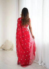 Red Sequins Embroidered Saree Side Profile View | Kalyanja KS359