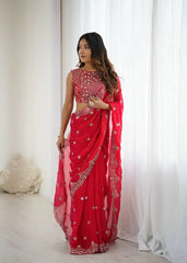 Red Fendy Chiffon Saree Embroidered Blouse Upper Body Close-Up | Kalyanja KS359