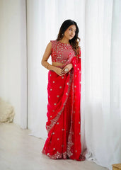 Red Sequins Embroidered Saree Three-Quarter Close-Up View | Kalyanja KS359