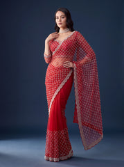 Red Sequins Embroidered Saree – Net Beads Pearls Work front view – KS397