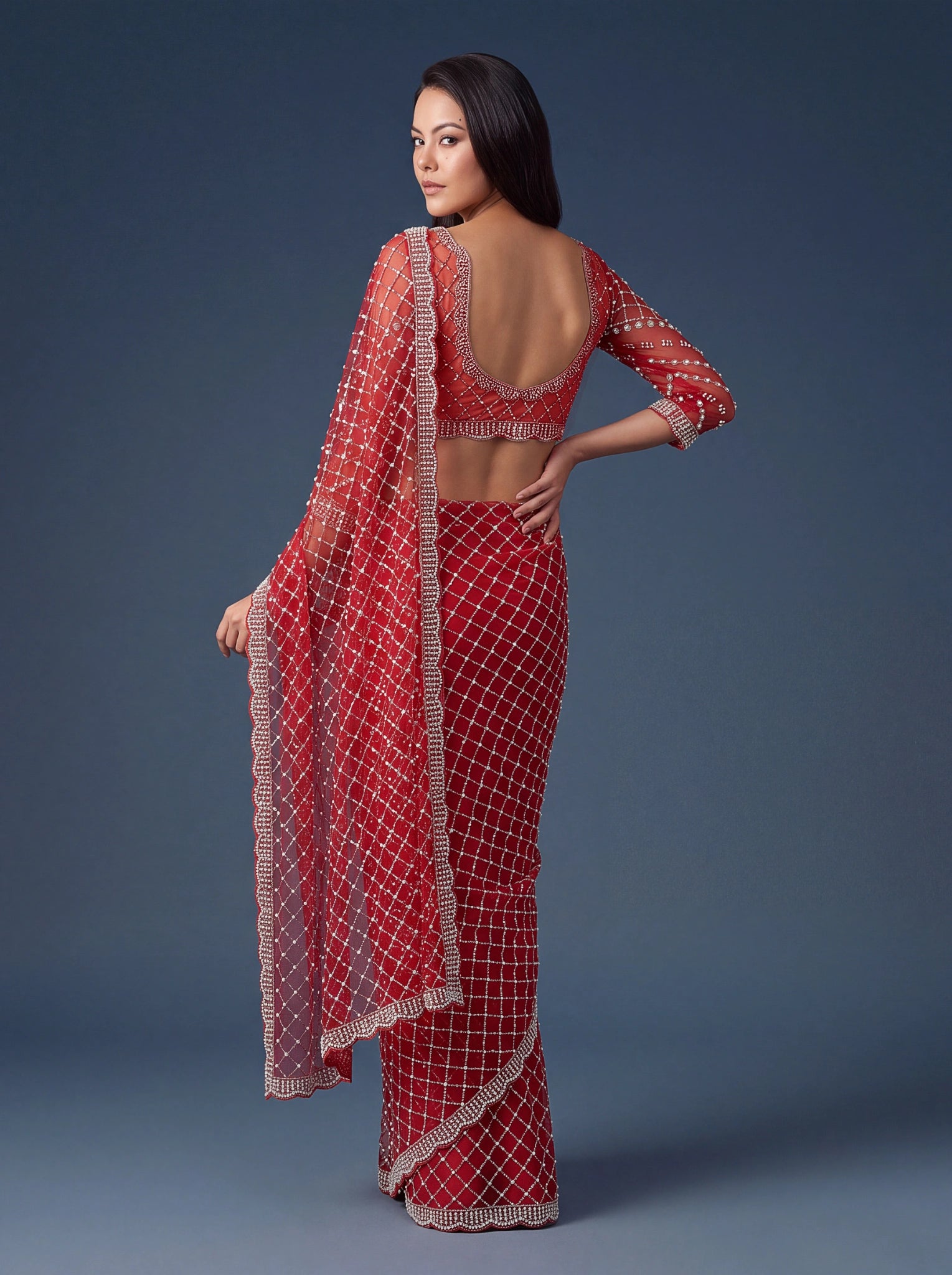 Red Sequins Embroidered Saree – side view – KS397