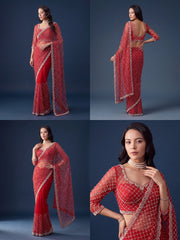 Red Sequins Embroidered Saree – Embroidered Scallop Border detail – KS397