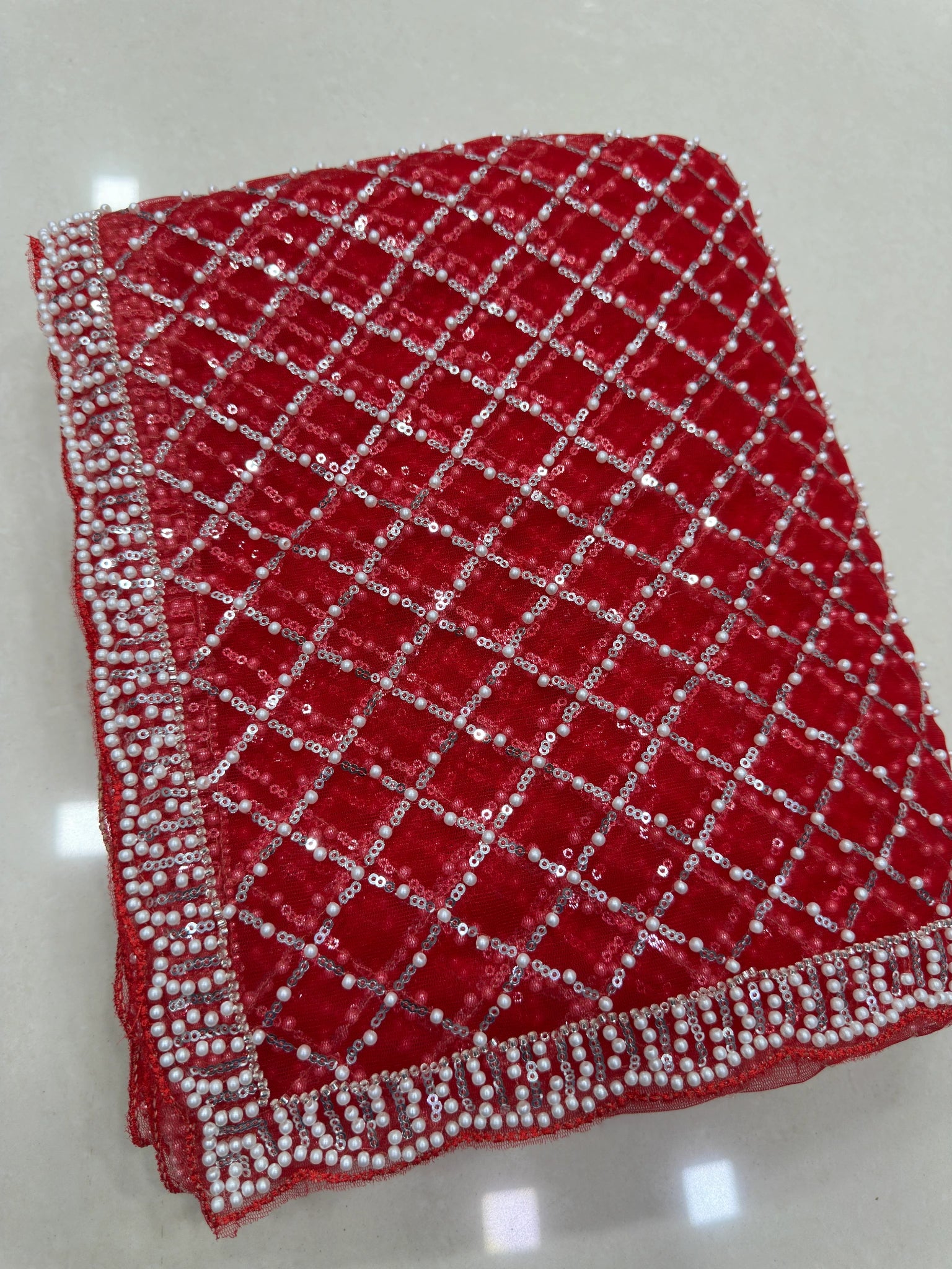 Red Sequins Embroidered Saree – fabric flat lay – KS397