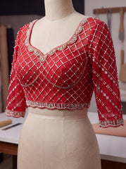 Red Sequins Embroidered Saree – blouse piece on mannequin – KS397