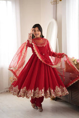 Red Anarkali Suit Dupatta Border Sequins KU275 Kalyanja