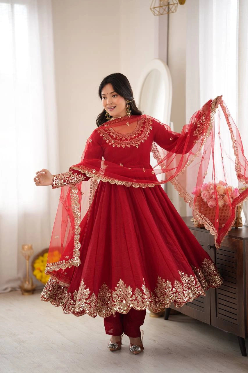 Red Anarkali Suit Smiling Model KU275 Kalyanja