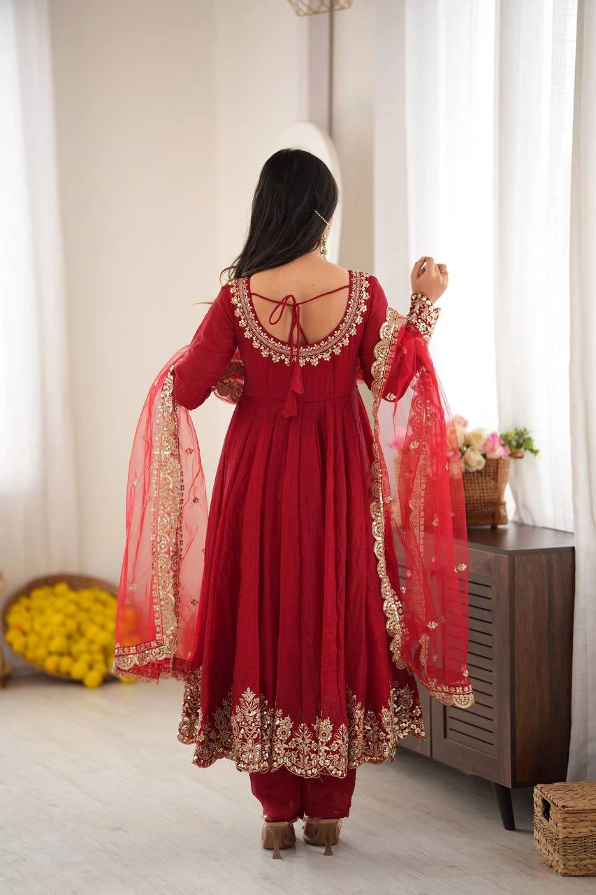 Red Anarkali Suit Close Up Neckline KU275 Kalyanja