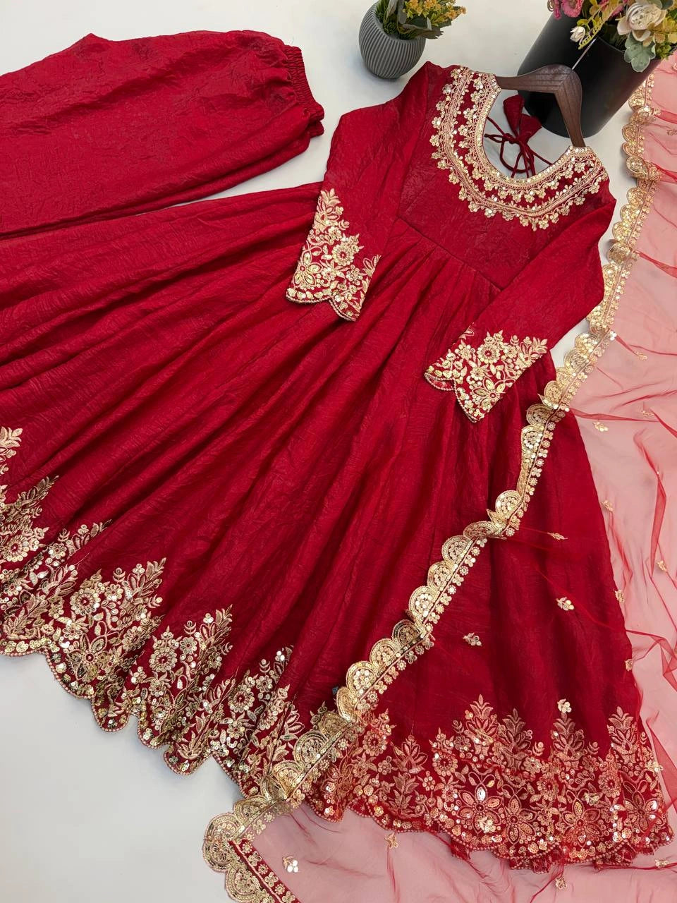 Red Anarkali Suit Embroidery Work Close Up KU275 Kalyanja