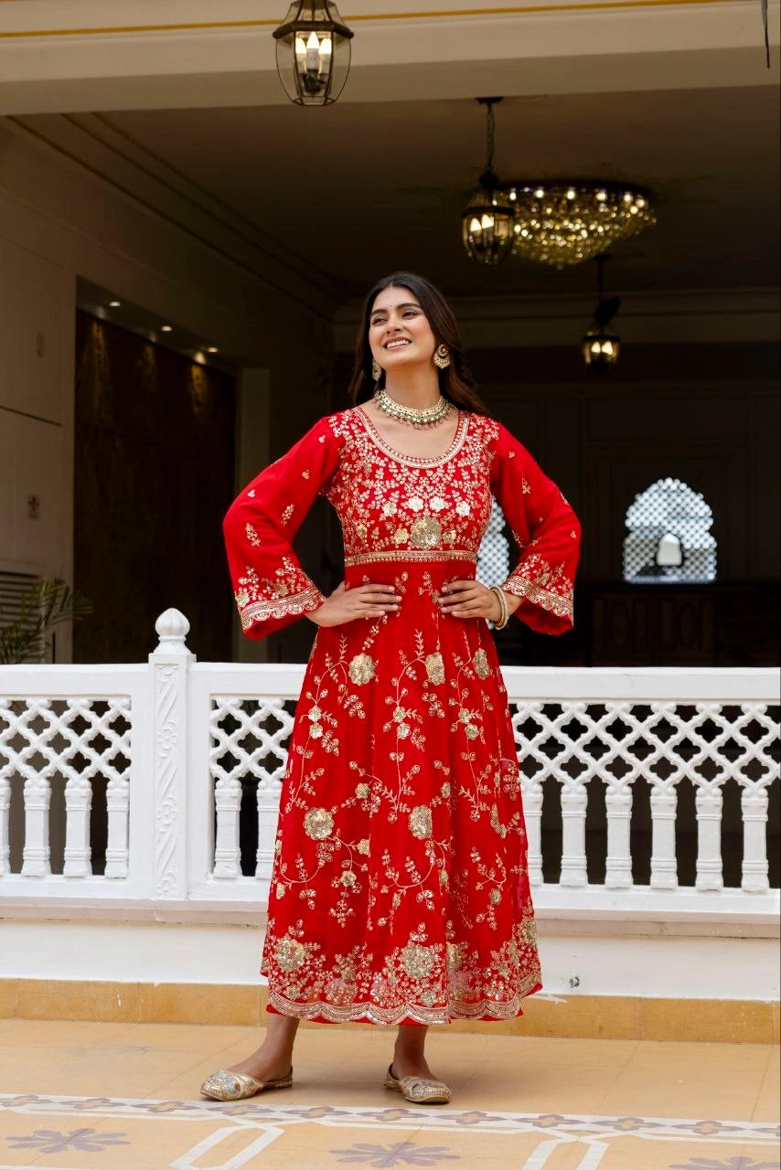 Red Sequins Embroidered Suit full length hands on hips without dupatta – Kalyanja KU278