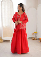 Red Chinon Silk Lehenga with Jacket front full standing clean look – Kalyanja KL169