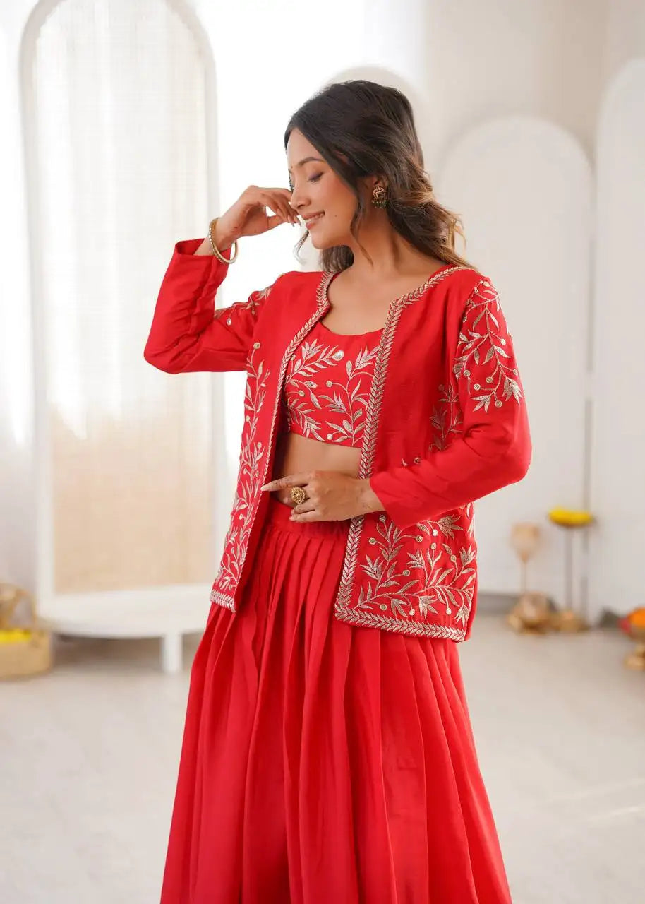 Red Lehenga jacket embroidery sequins thread work editorial close-up – Kalyanja KL169