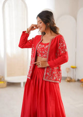 Red Lehenga jacket embroidery sequins thread work editorial close-up – Kalyanja KL169