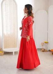 Red Sequins Embroidered Lehenga with Jacket side profile view – Kalyanja KL169
