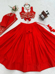 Red Sequins Embroidered Lehenga 3-piece set flat lay all pieces – Kalyanja KL169