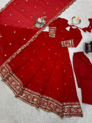 Red Sequins Suit Flat Lay Full Set Dupatta Pant Kalyanja KU277