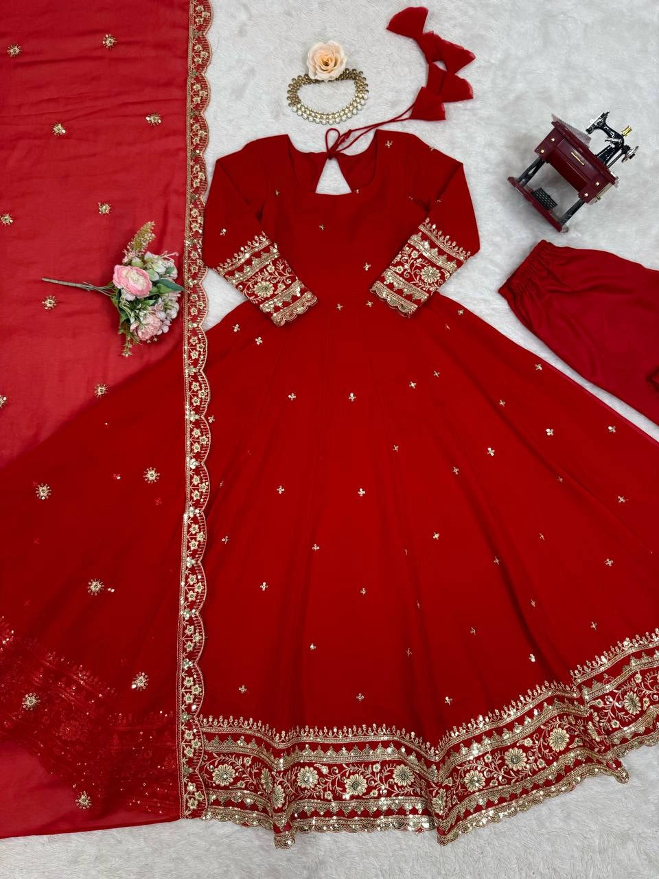 Red Anarkali Suit Flat Lay Embroidery Border Detail Kalyanja KU277