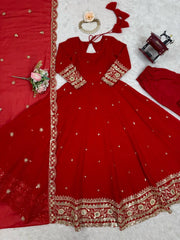 Red Anarkali Suit Flat Lay Embroidery Border Detail Kalyanja KU277