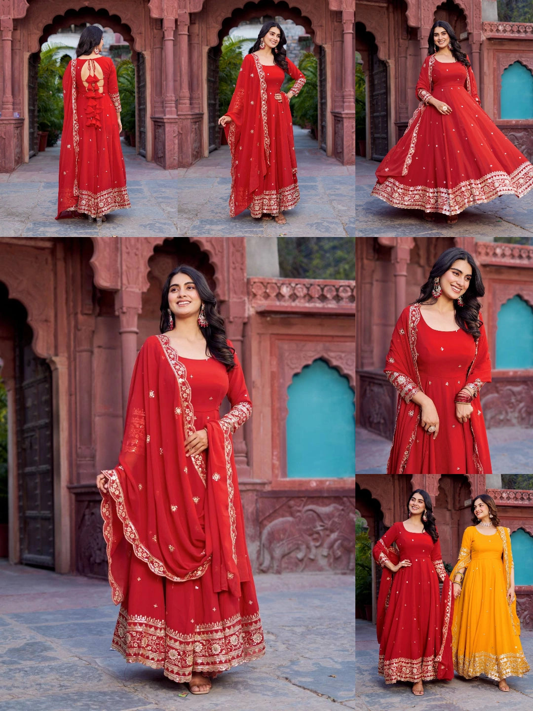 Red Sequins Thread Work Anarkali Suit Multiple Views Catalogue Kalyanja KU277