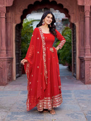 Red Sequins with Thread Work Anarkali Suit Front View Kalyanja KU277