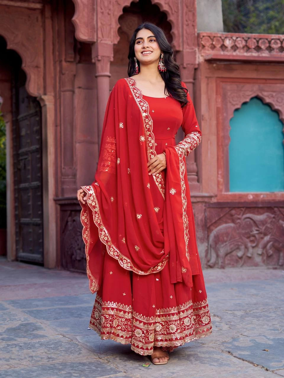Red Anarkali Suit Faux Georgette Full Length Party Wear Kalyanja KU277