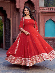 Red Sequins Anarkali Suit Twirling Flair View Kalyanja KU277