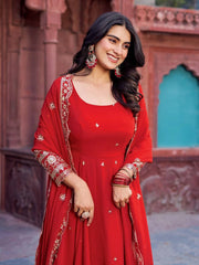 Red Anarkali Suit Close-Up Embroidered Sleeve Detail Kalyanja KU277