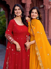 Red and Mustard Yellow Anarkali Suit Close-Up Both Models Kalyanja KU277