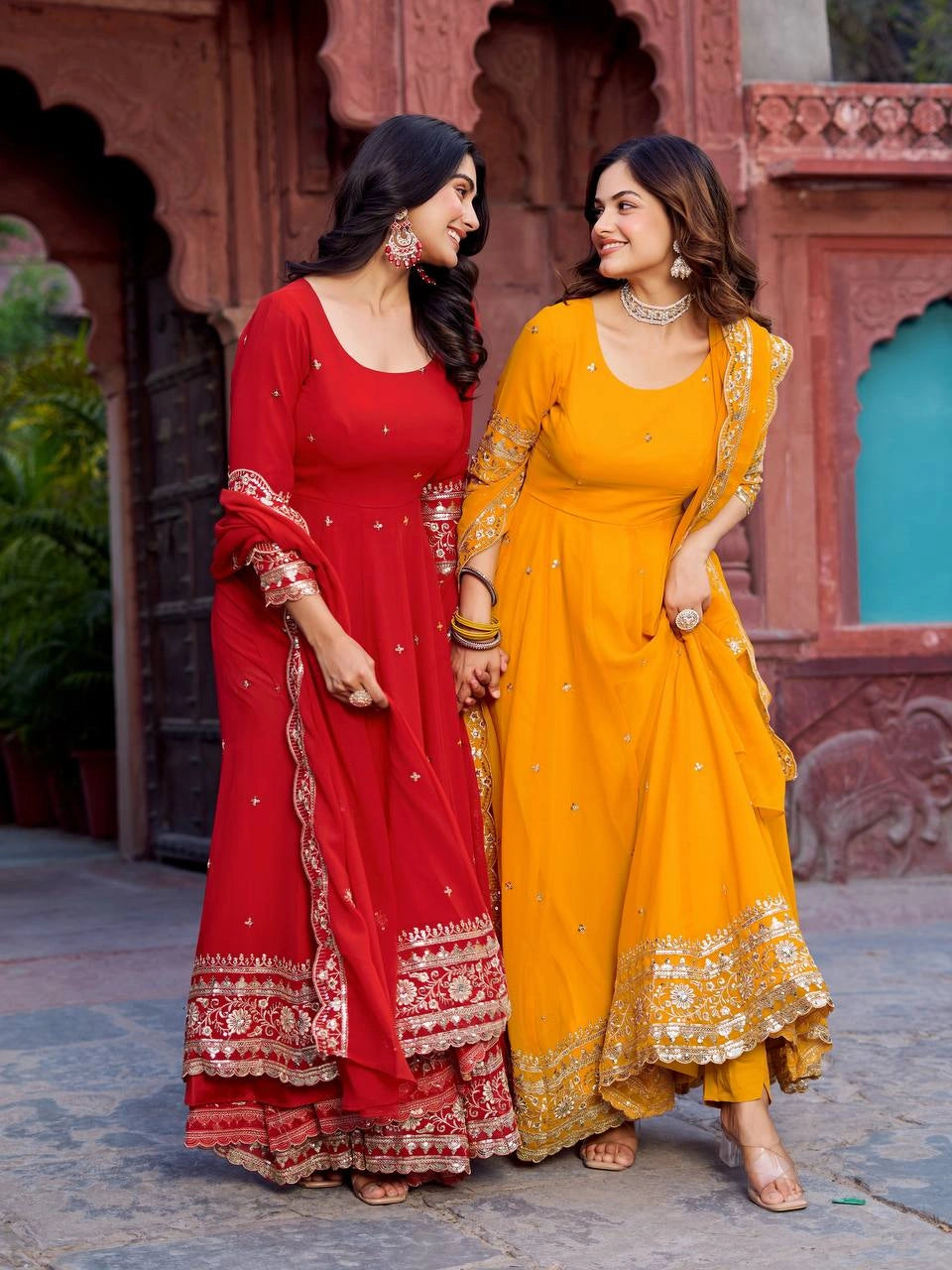 Red Sequins Thread Work Anarkali Suit Model Pair Kalyanja KU277